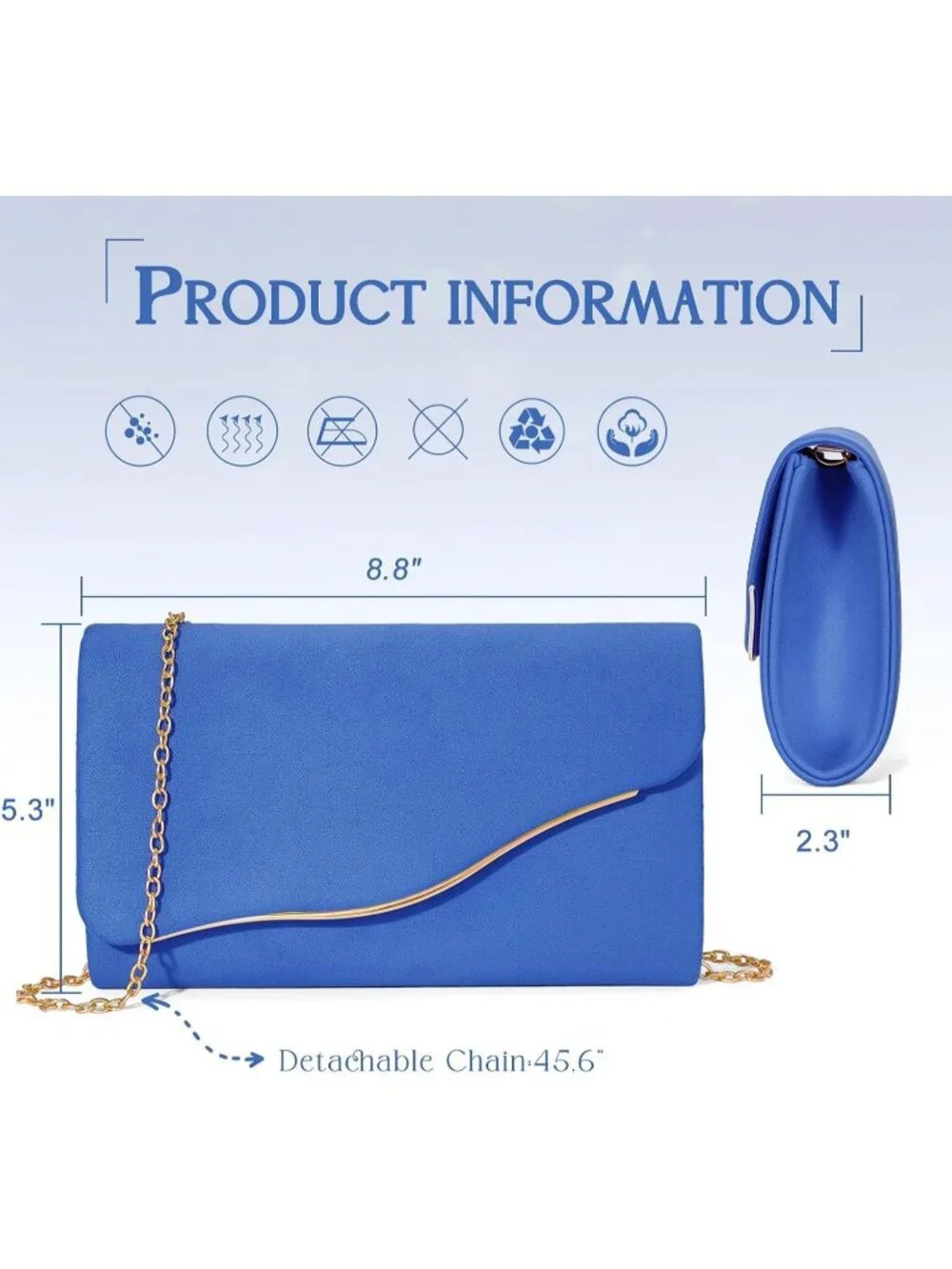 Women’s Blue Formal Clutch Purse Elegant Evening Bag Detachable Chain Strap